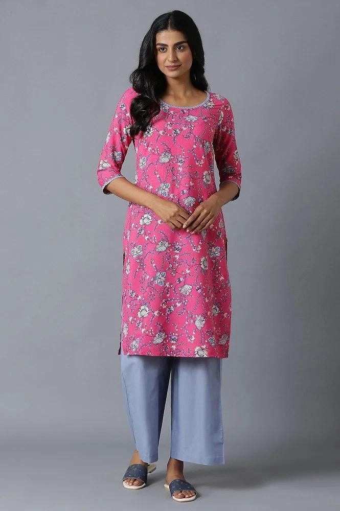 pink floral printed kurta in round neck with blue straight palazzo