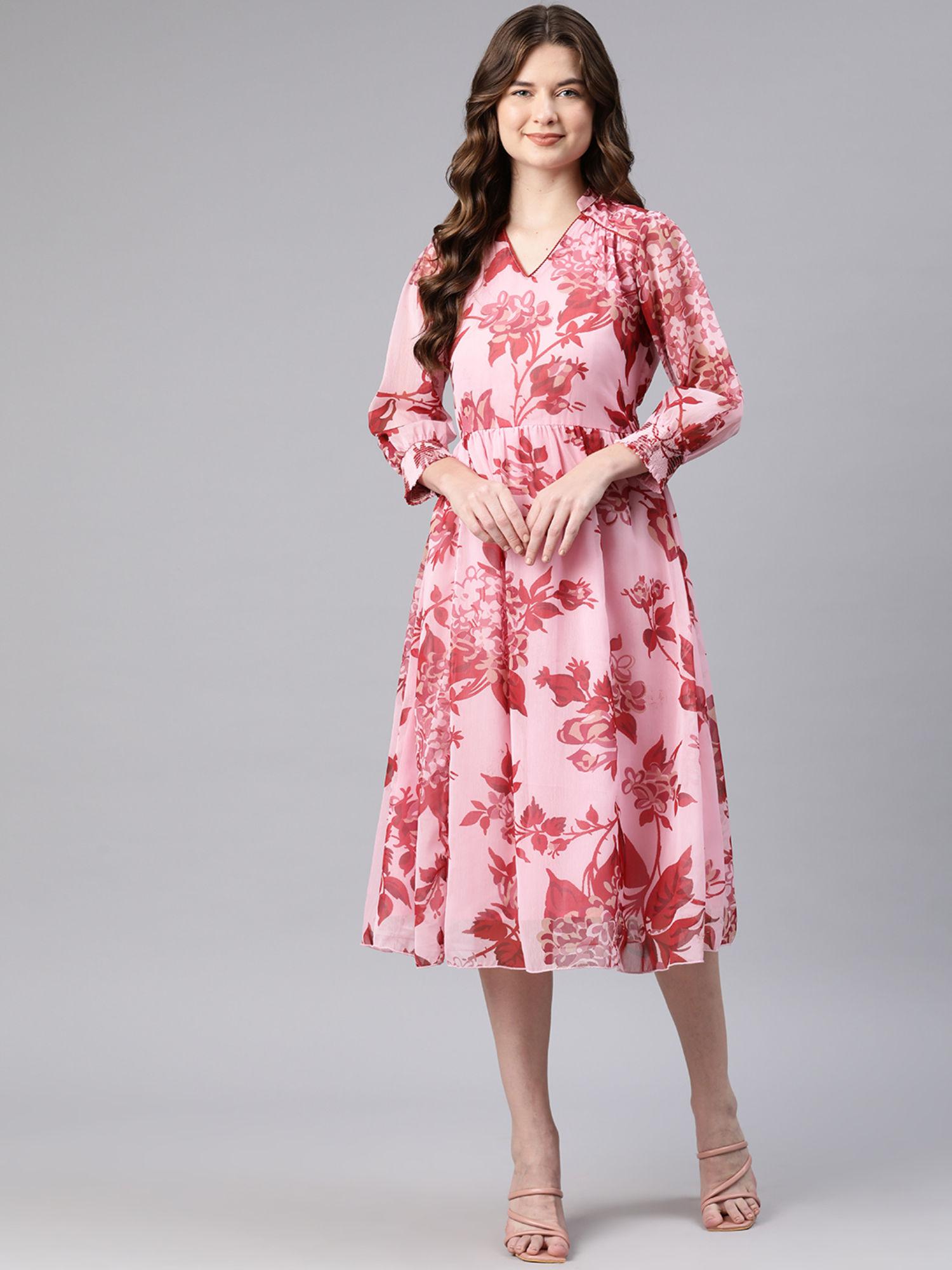 pink floral printed lace insert dress