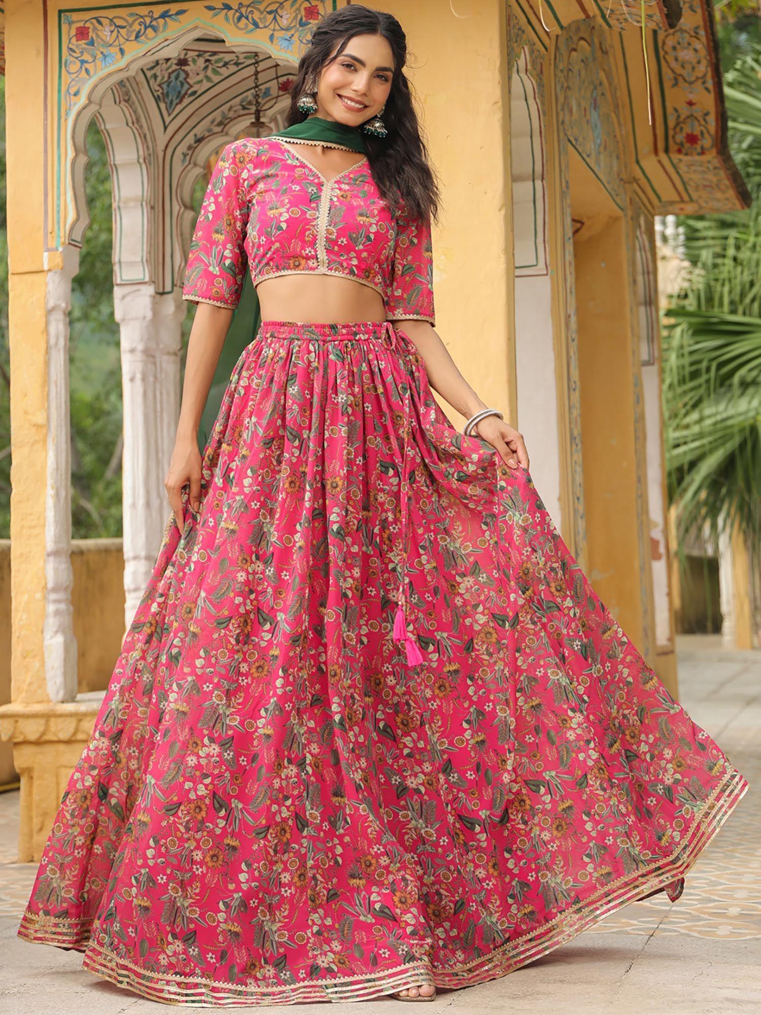 pink floral printed lehenga with choli and dupatta (set of 3)