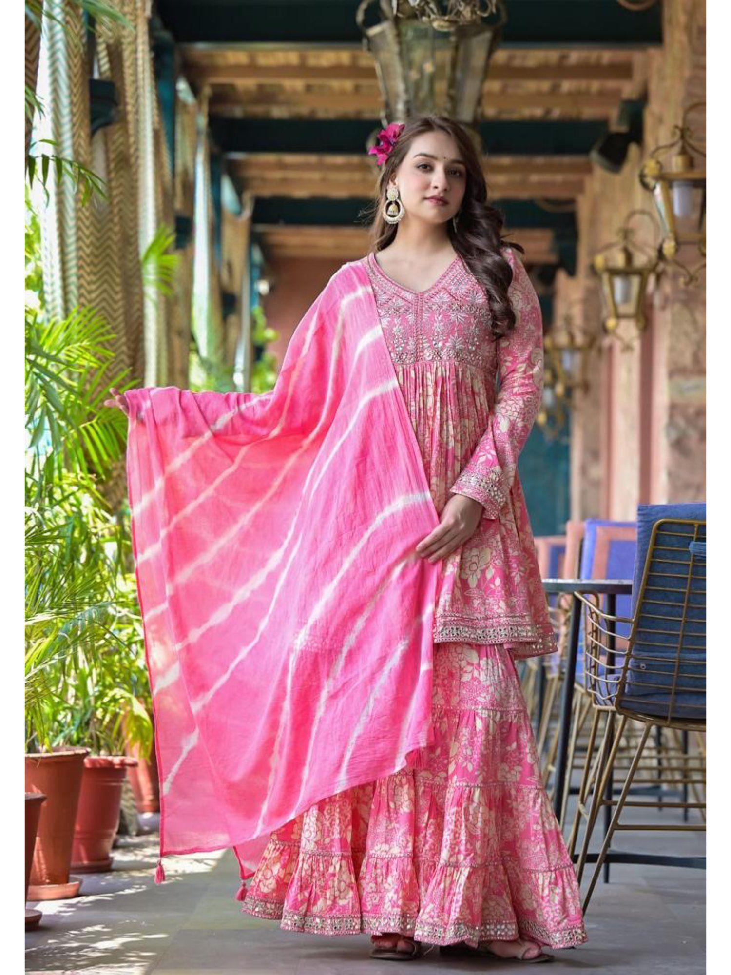 pink floral printed mirror work anarkali kurta with sharara and dupatta (set of 3)