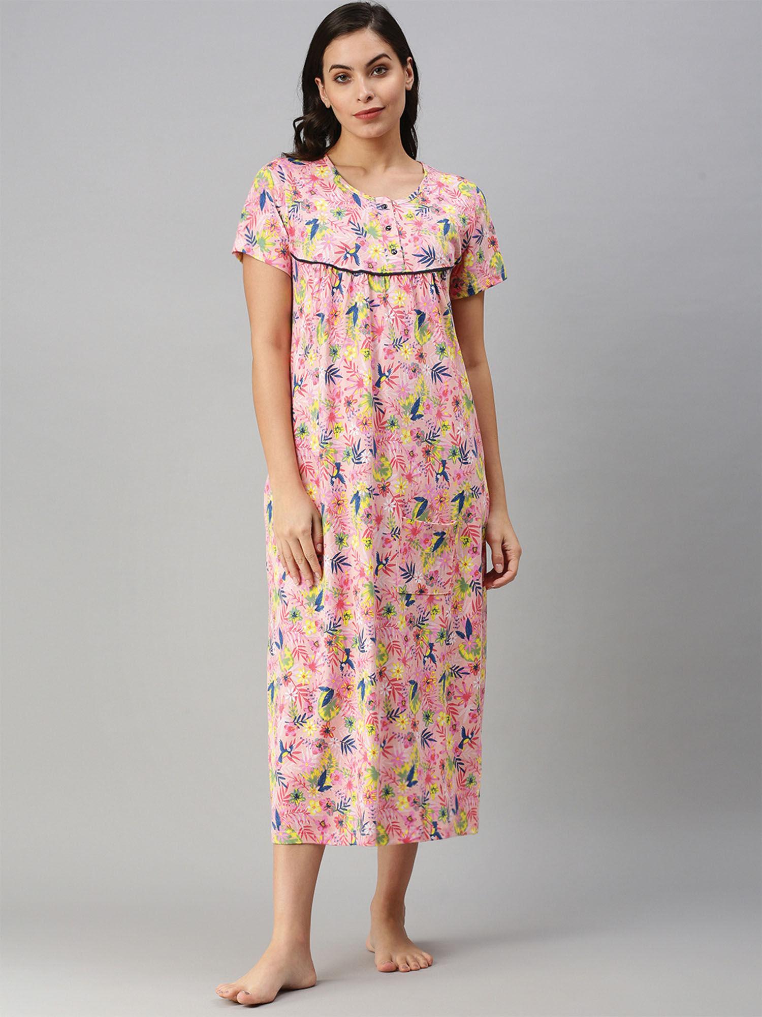 pink floral printed nightdress for women