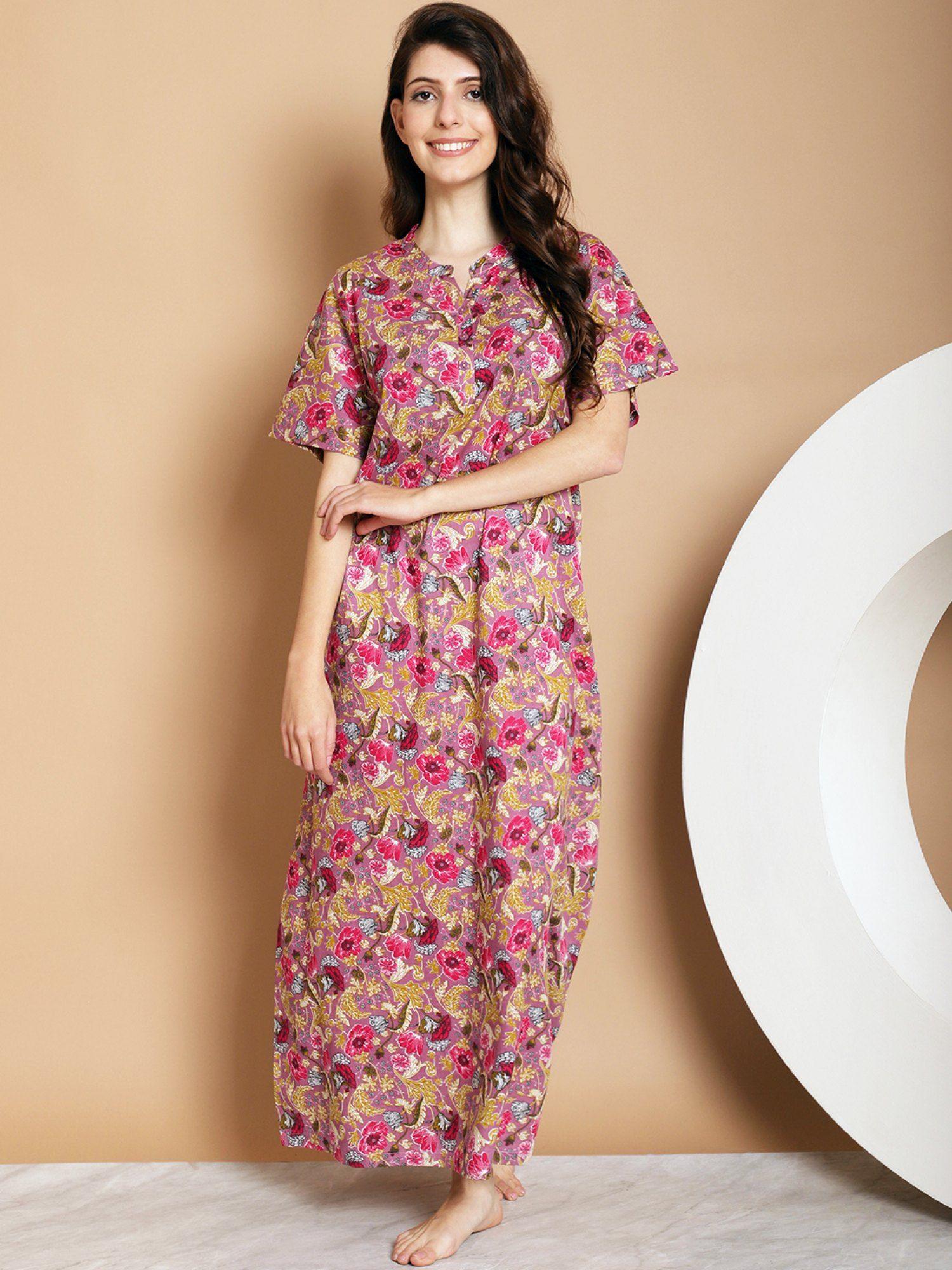 pink floral printed pure cotton maxi nightdress