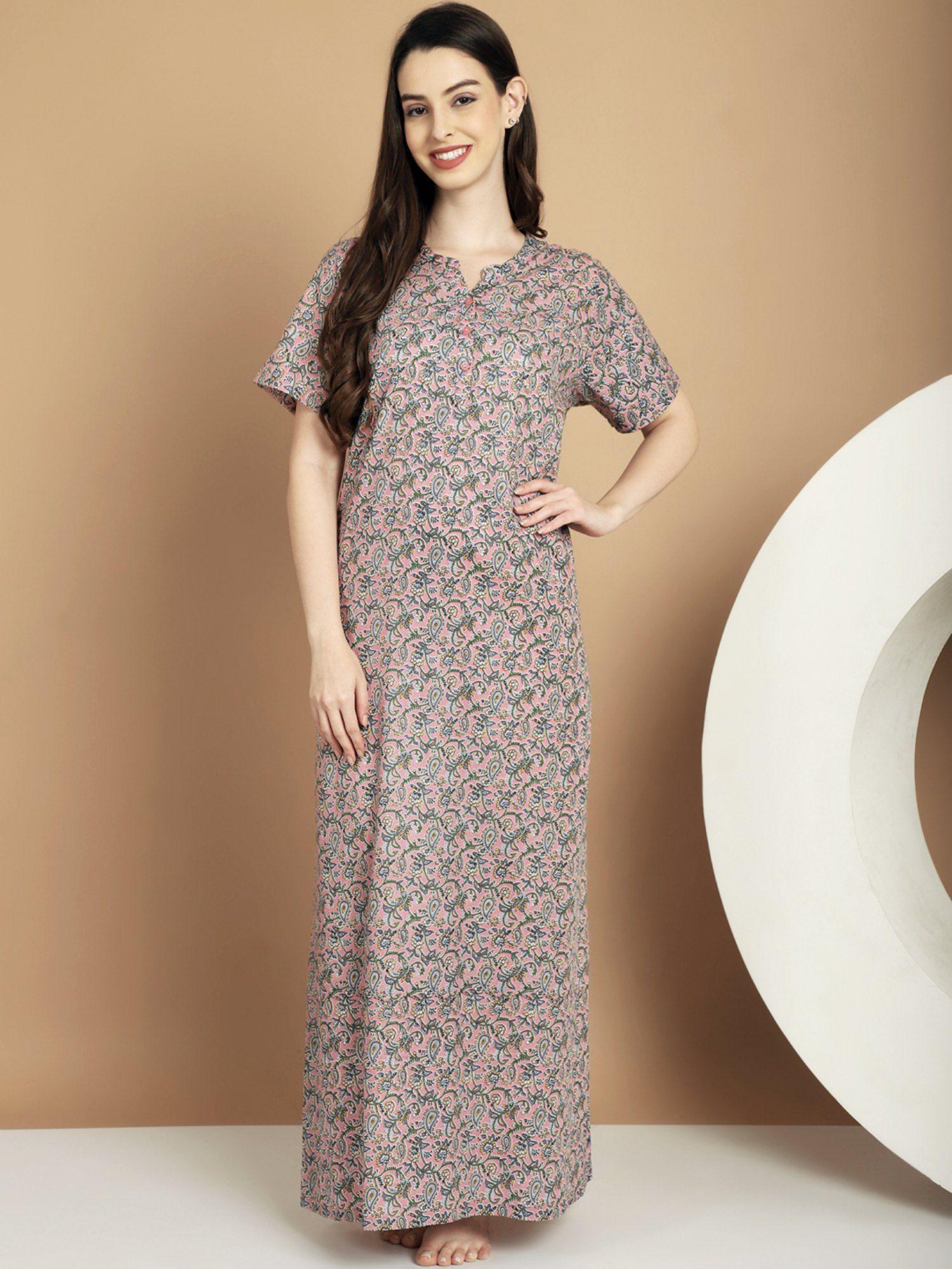 pink floral printed pure cotton maxi nightdress