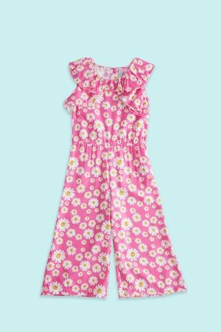 pink floral printed round neck casual full length cap sleeves girls regular fit jumpsuit