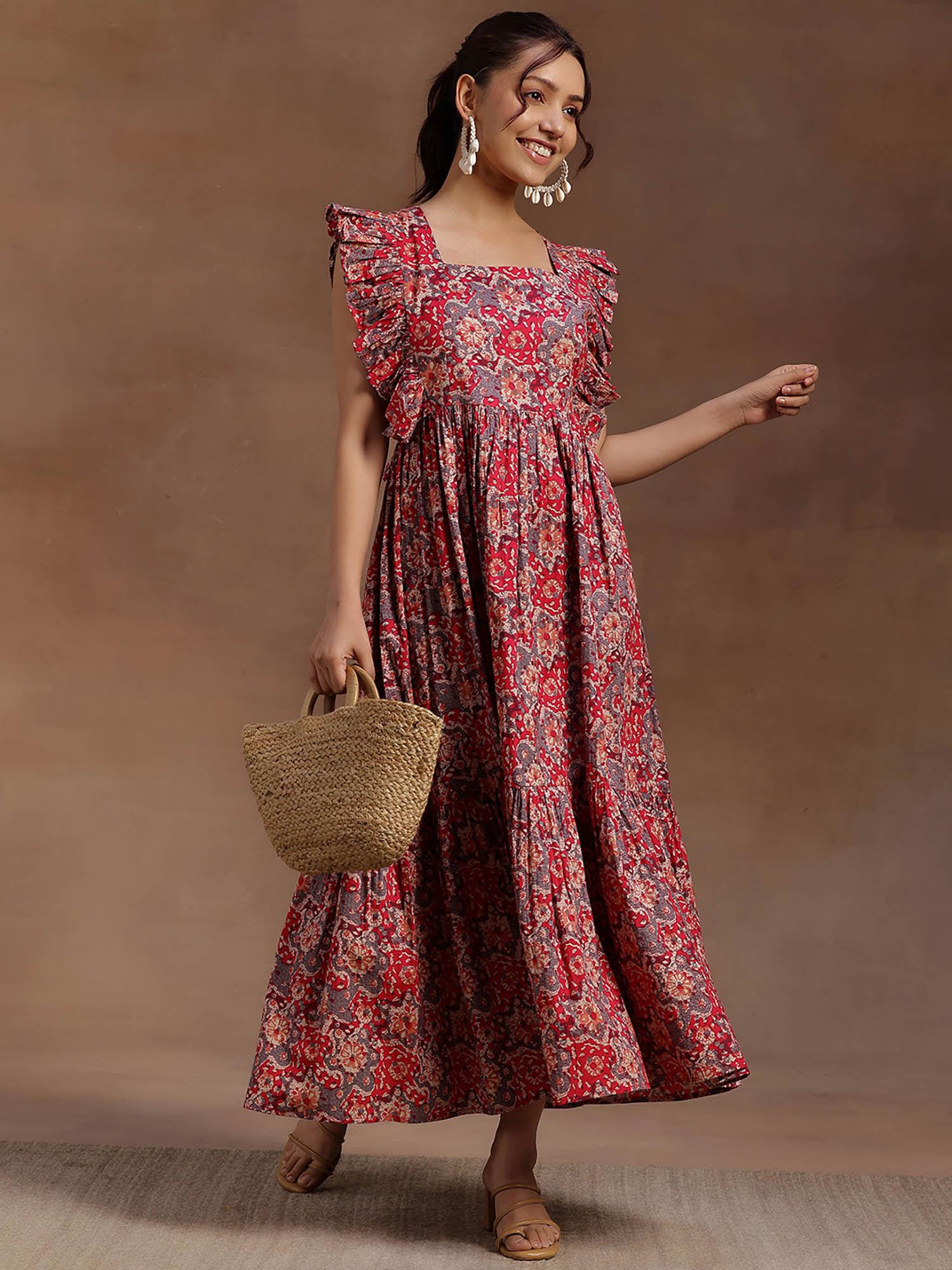 pink floral printed ruffled sleeves maxi dress