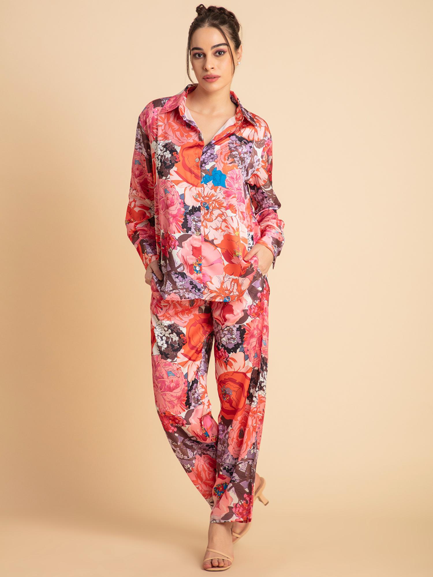 pink floral printed satin co-ord (set of 2)