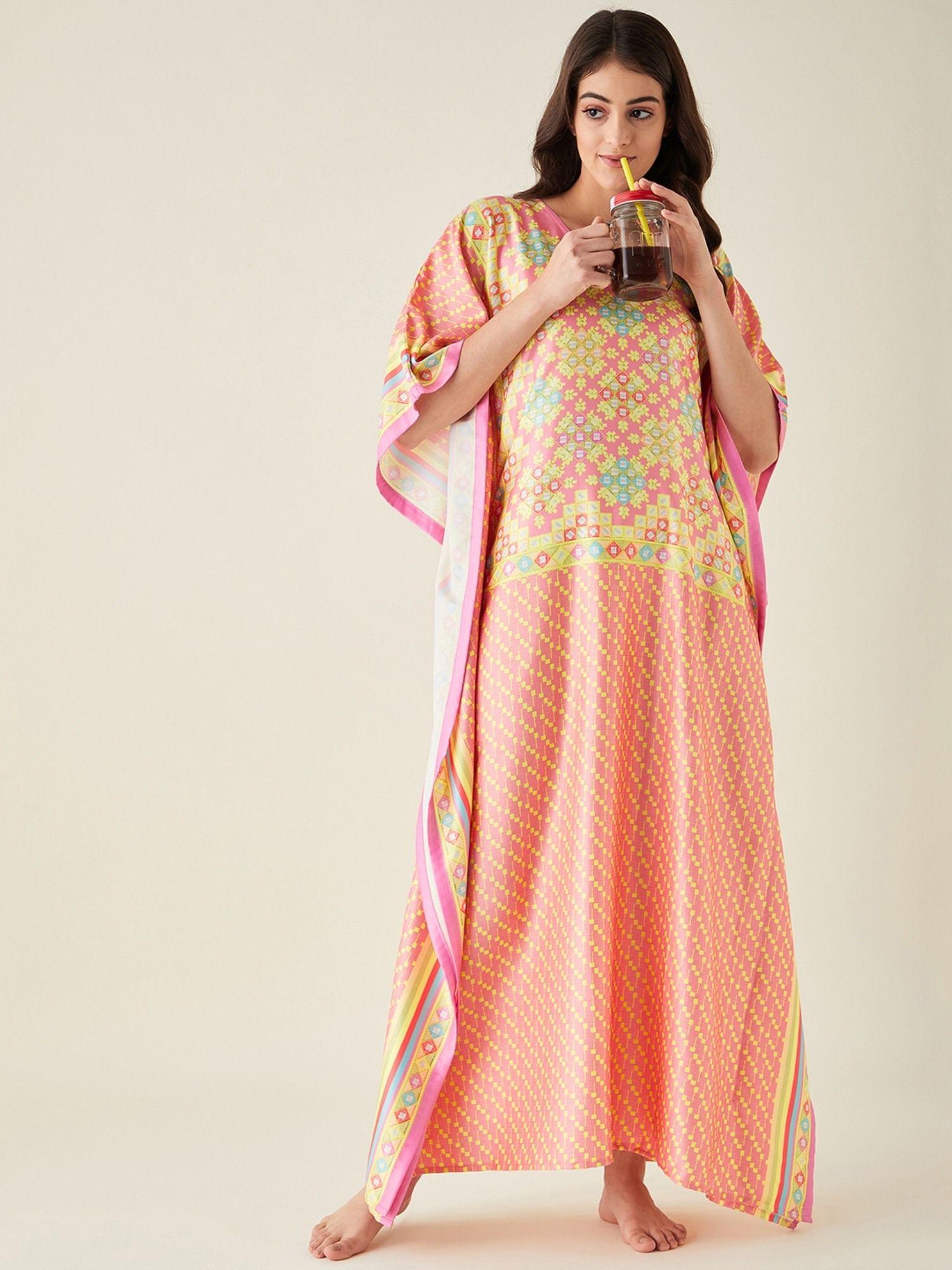 pink floral printed satin kaftan