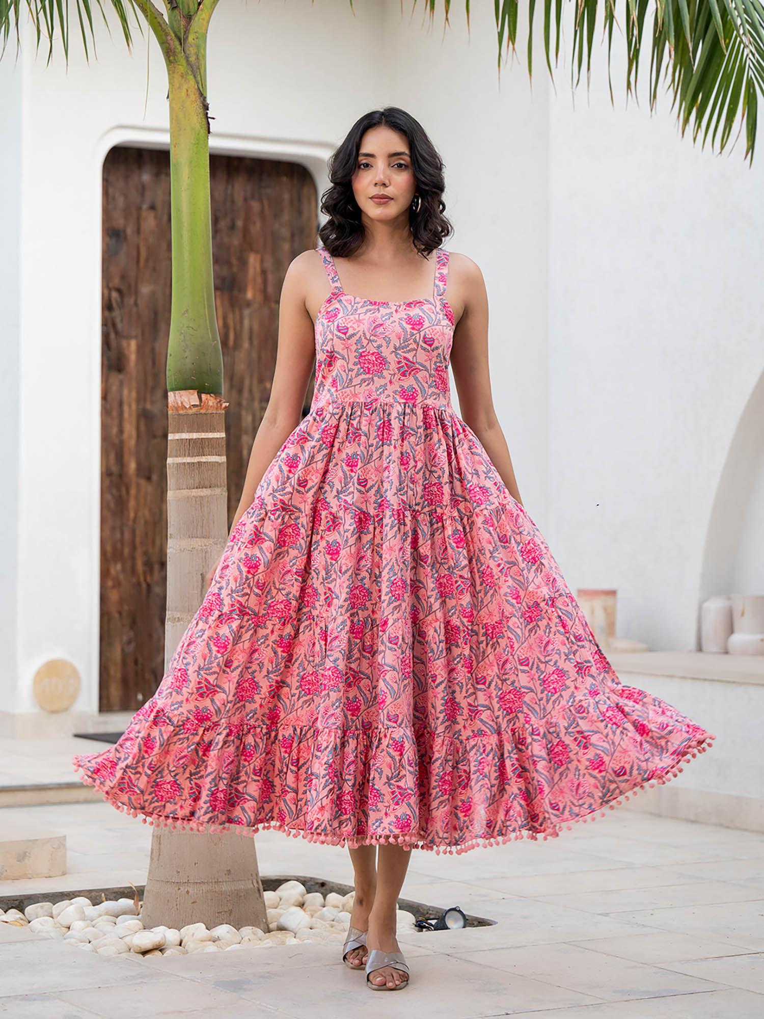 pink floral printed shoulder strip midi dress