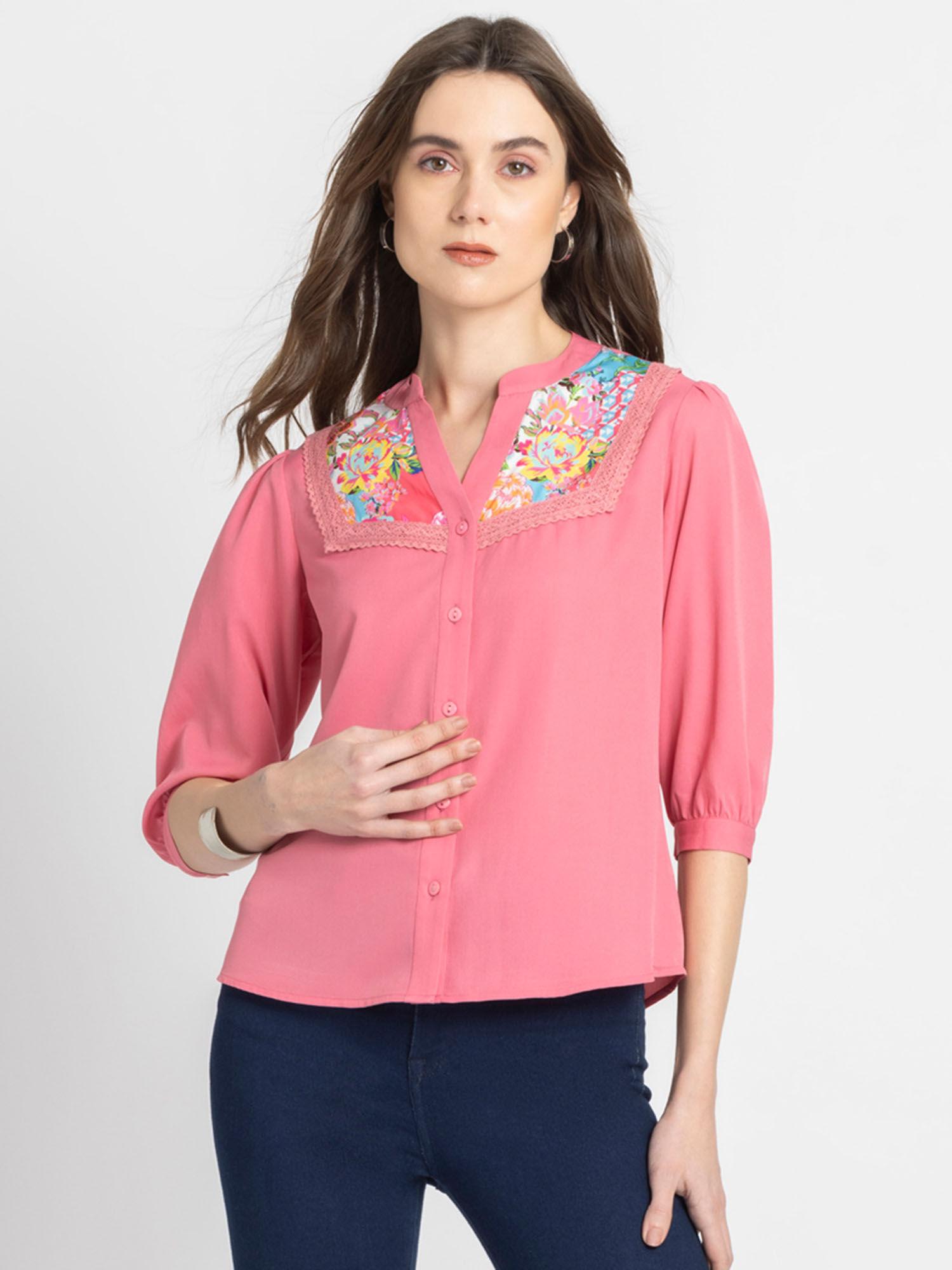 pink floral printed three fourth sleeves mandarin neck top