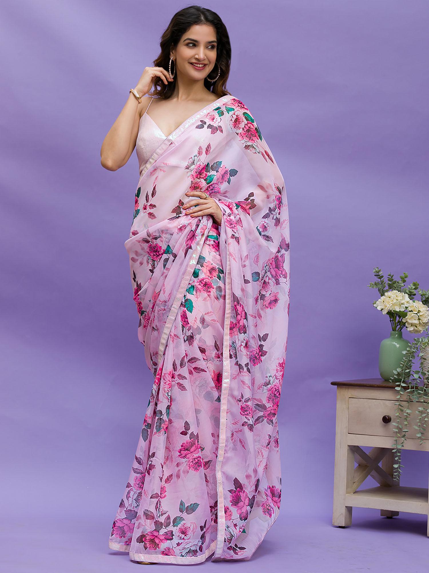 pink floral printed tissue saree with unstitched blouse