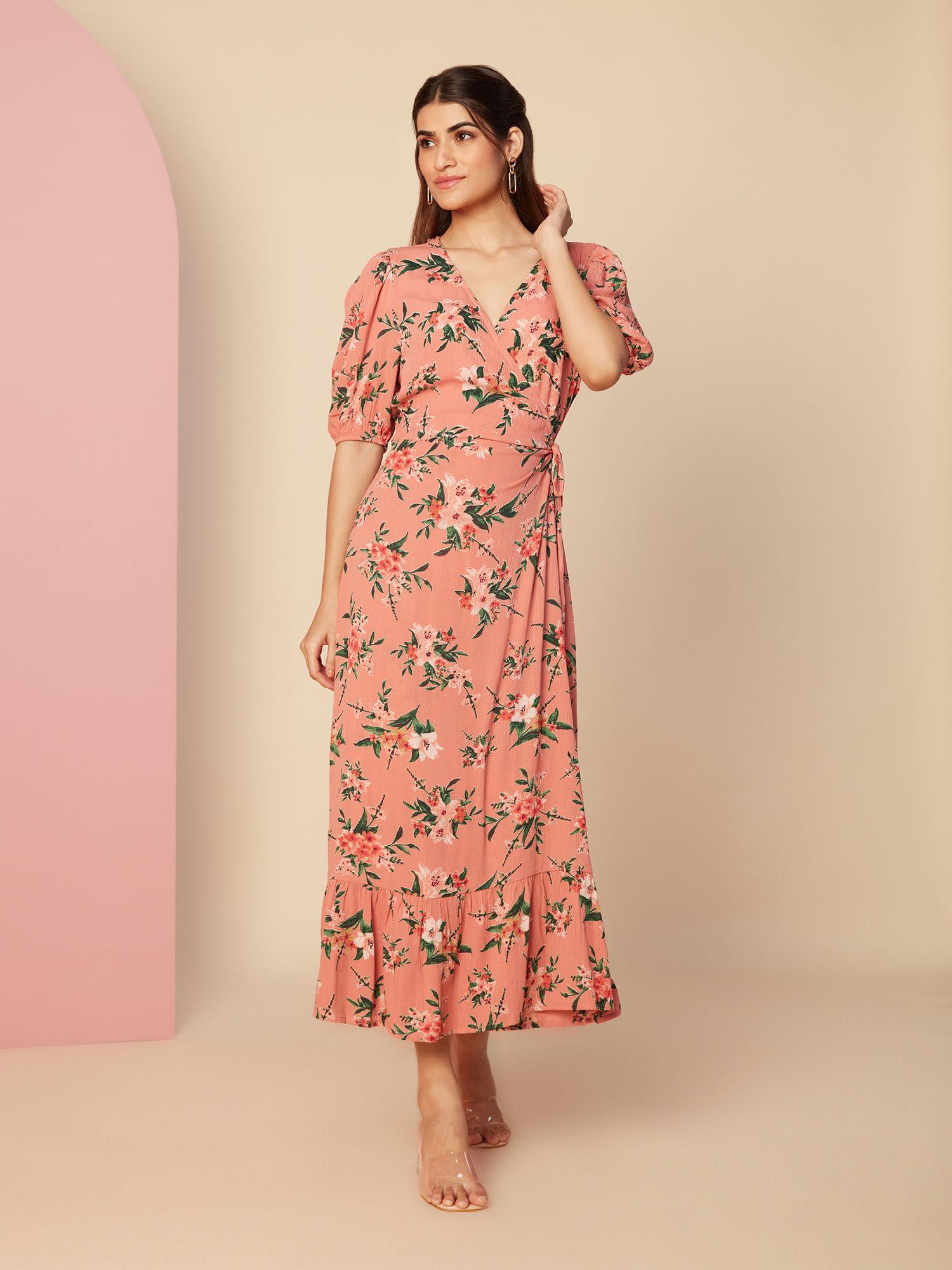 pink floral printed v neck fit and flare midi wrap dress