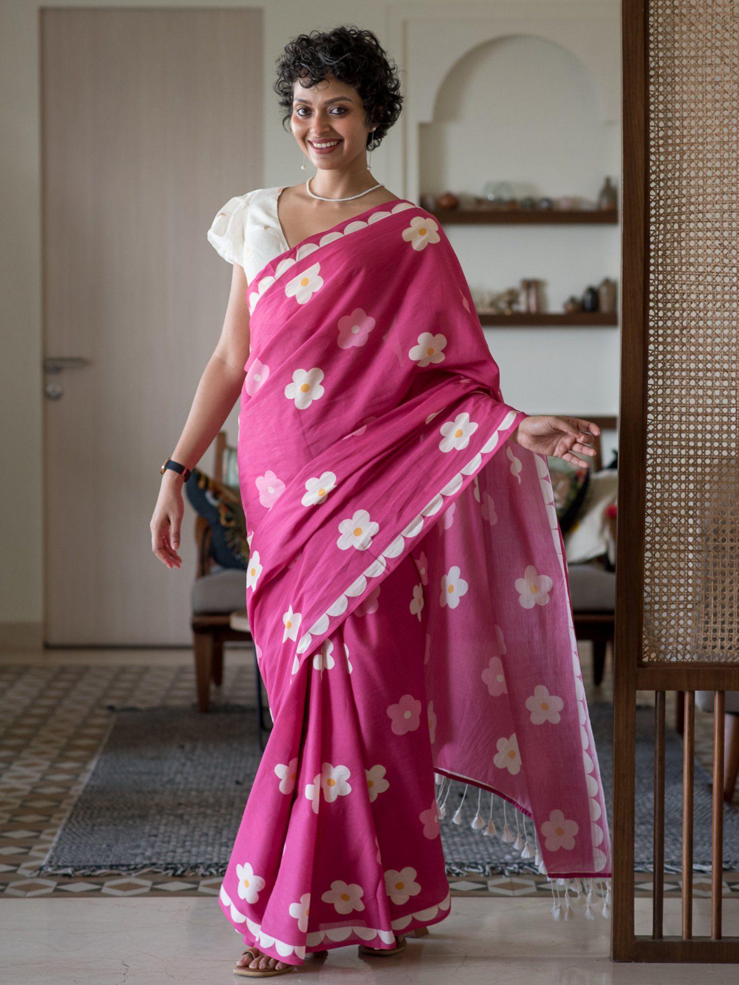 pink floral pure cotton saree without blouse