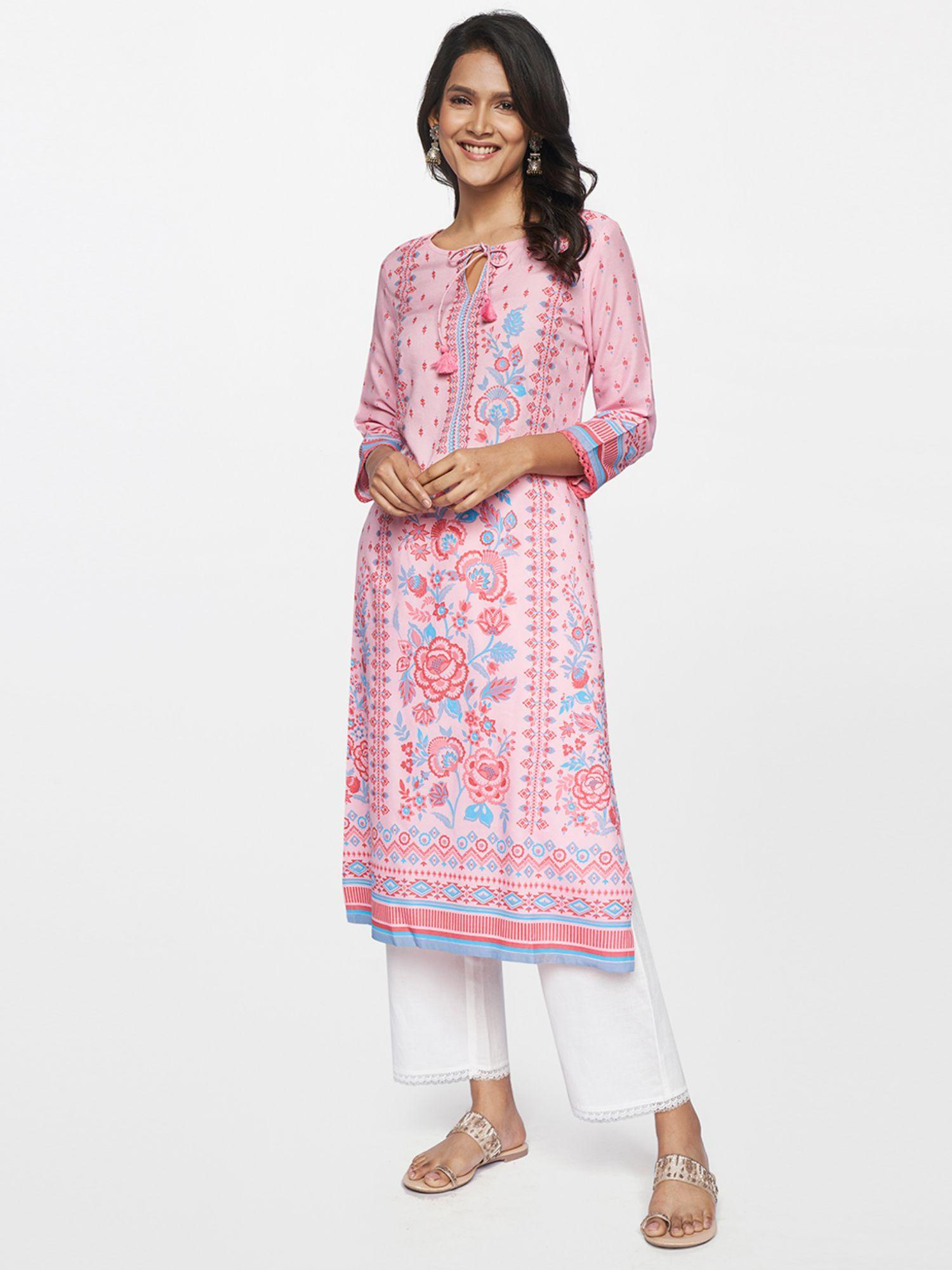 pink floral regular length kurta