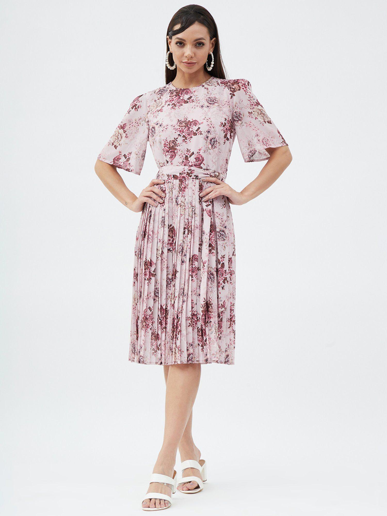 pink floral round neck bell sleeve bodycon dress