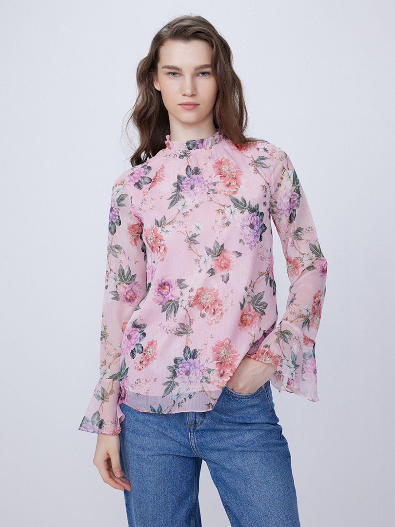 pink floral round neck top