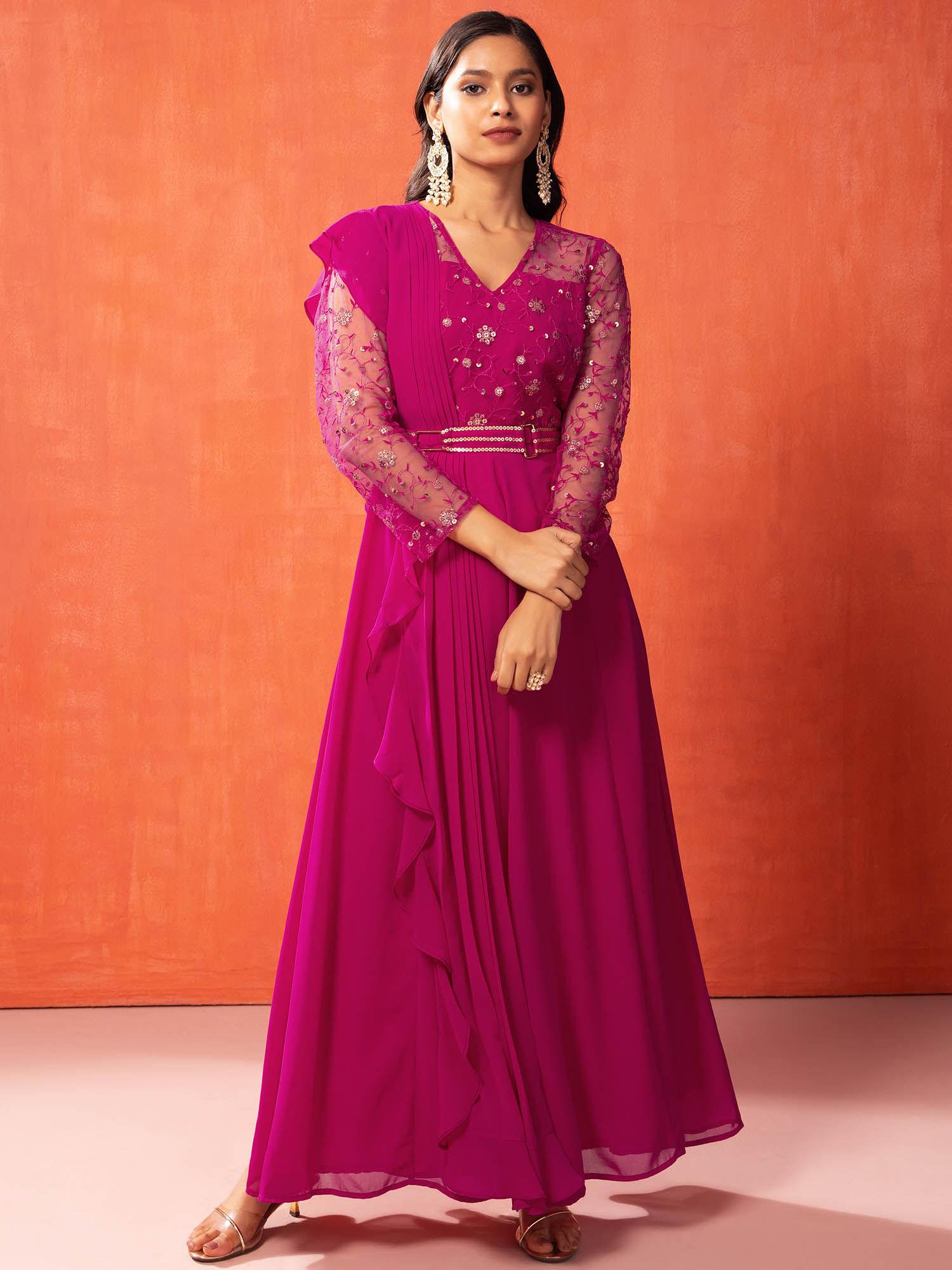 pink floral sequin embroidered anarkali kurta with attached dupatta and belt (set of 2)