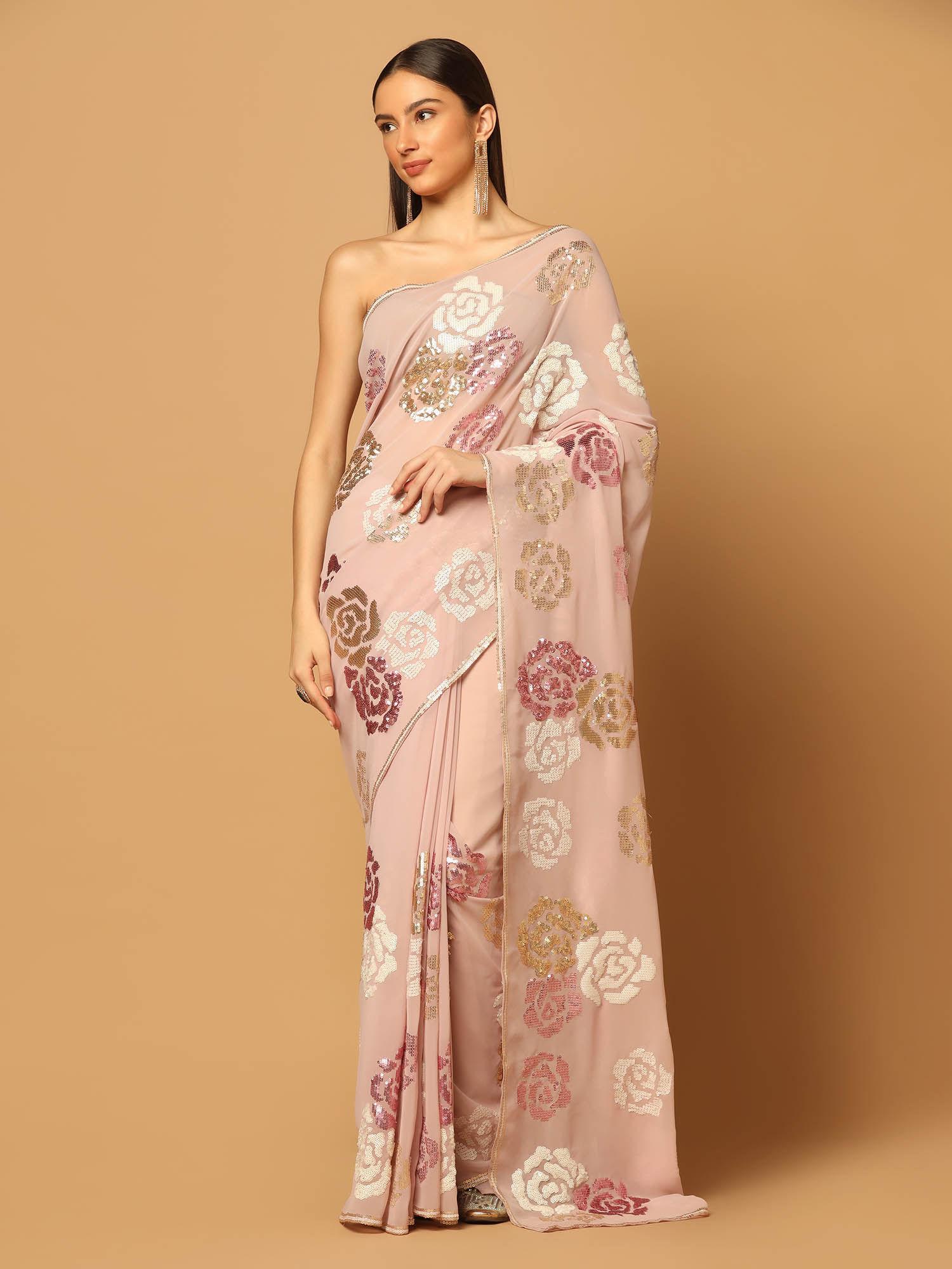 pink floral sequins embroidered saree with stitched blouse