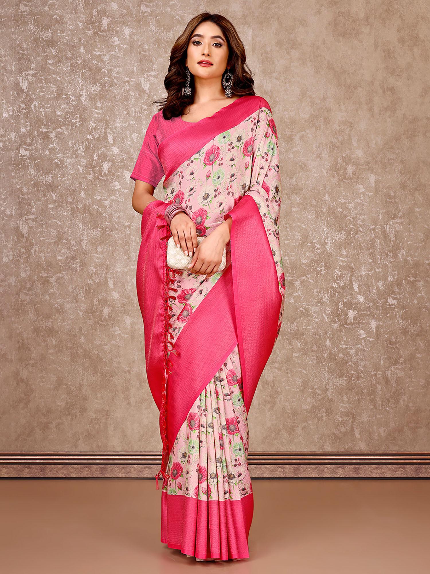 pink floral silk jacquard digital print tassel saree with unstitched blouse