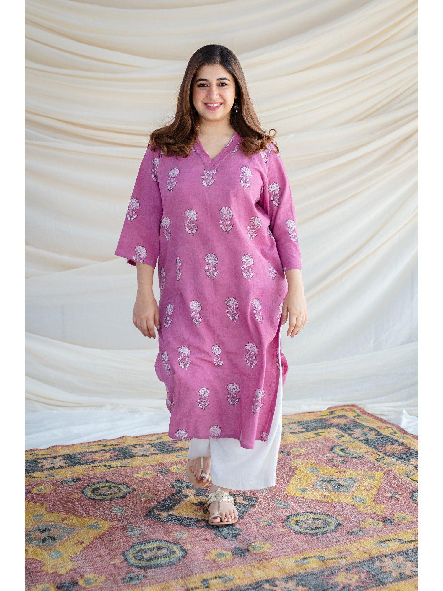 pink floral slub cotton kurta