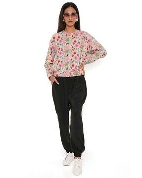 pink floral spring garden print art georgette bomber jacket