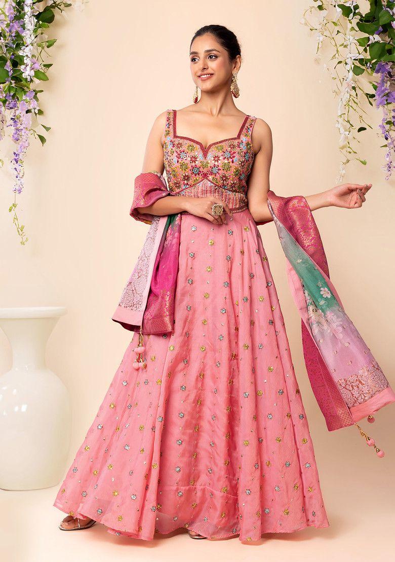 pink floral thread and mirror boota embroidered anarkali kurta with dupatta