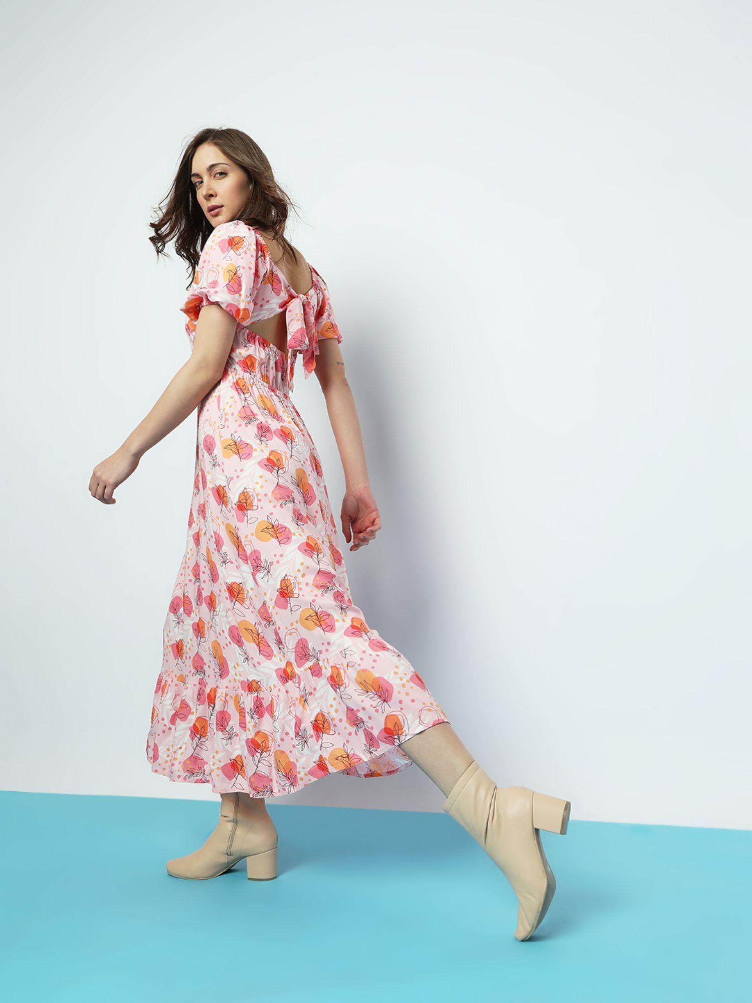 pink floral tie-up midi dress