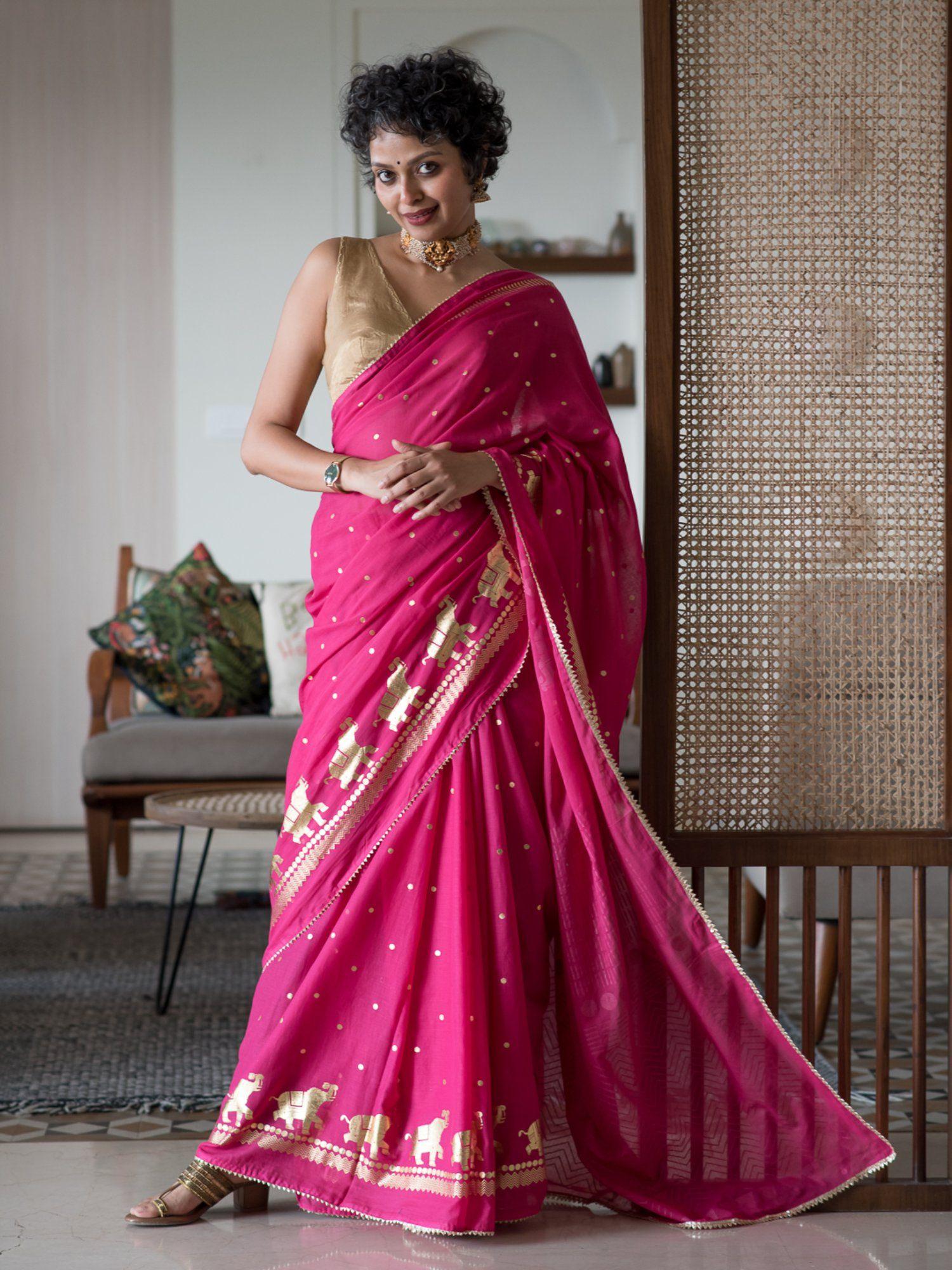 pink floral viscose rayon saree without blouse