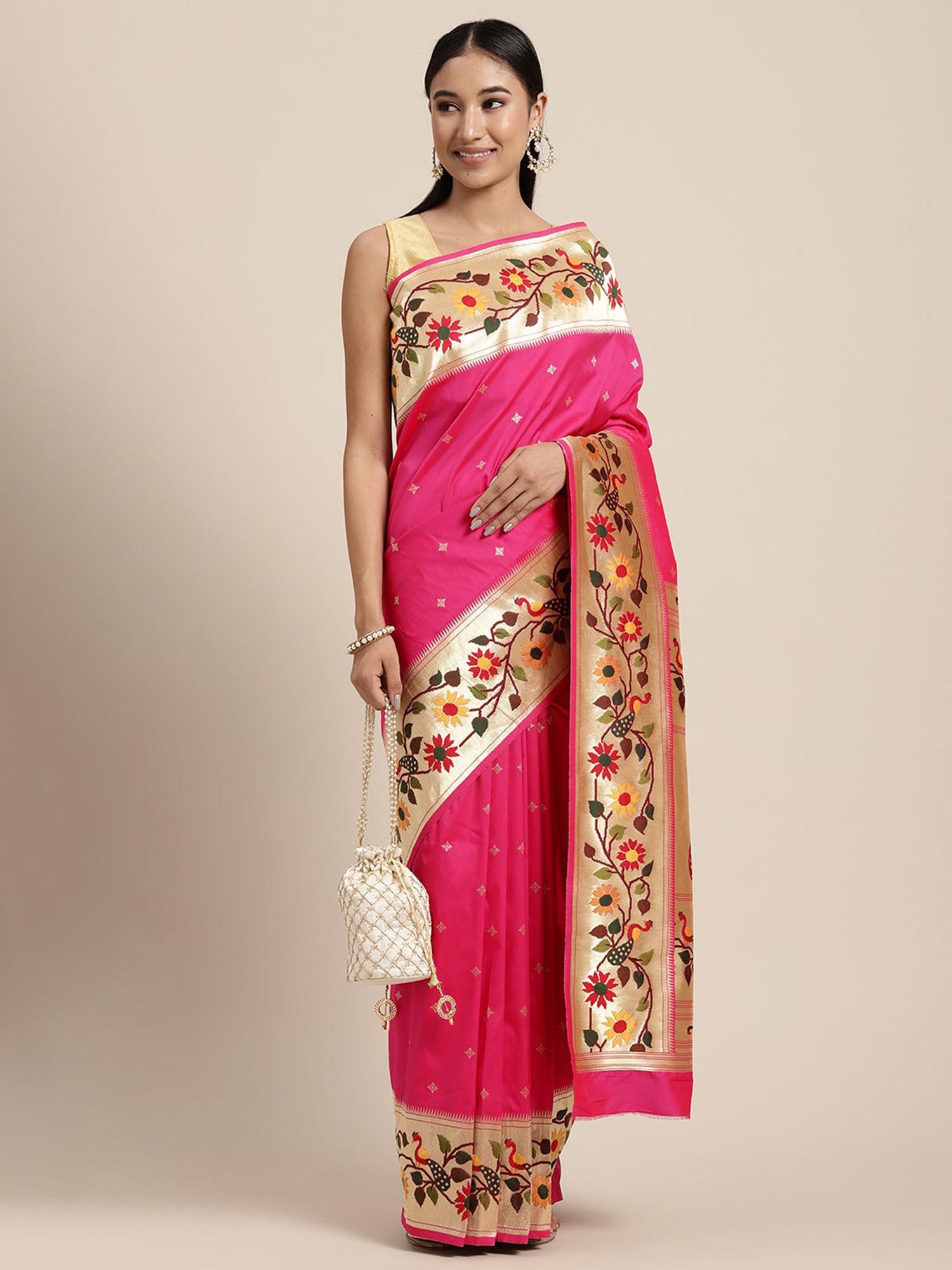 pink floral zari pure silk saree with unstitched blouse