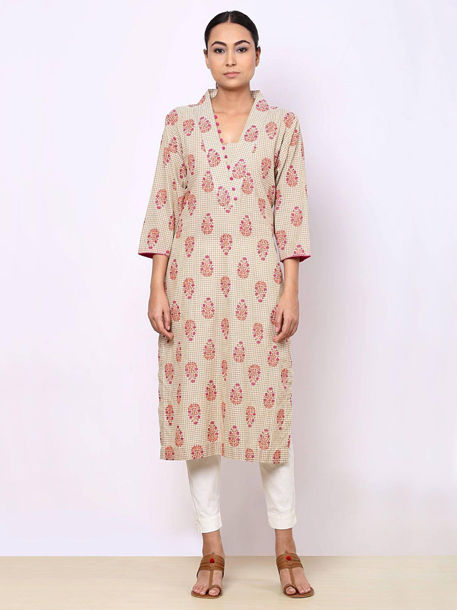 pink flower block print kurti