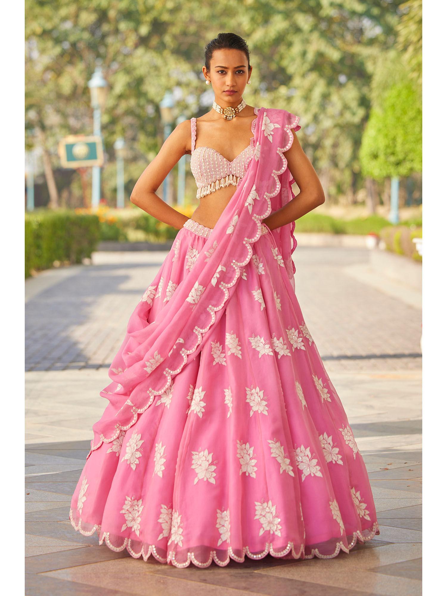 pink flower blouse with lehenga & dupatta (set of 3)