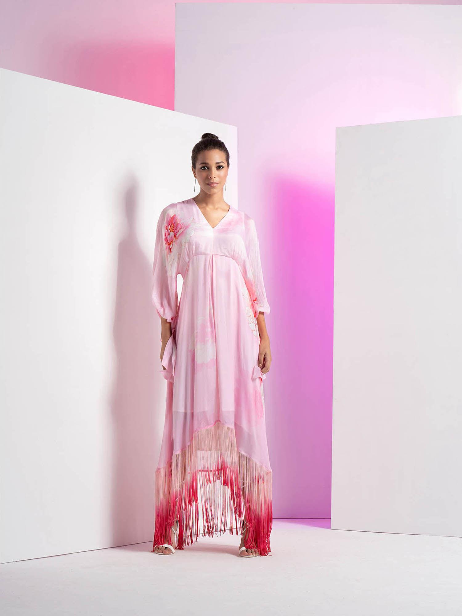 pink flutter kimono sleeve asymmetrical floral maxi dress