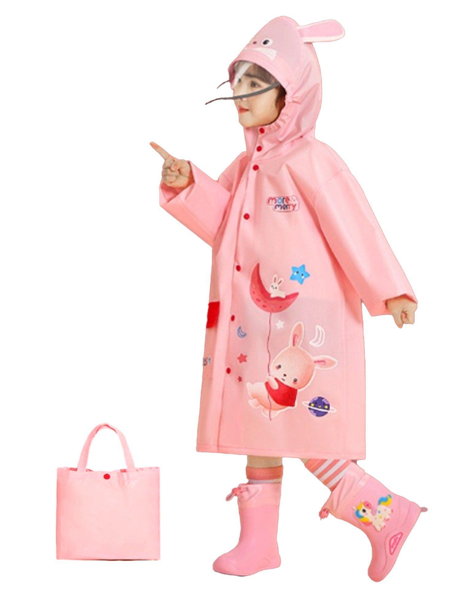 pink flying rabbit print raincoat