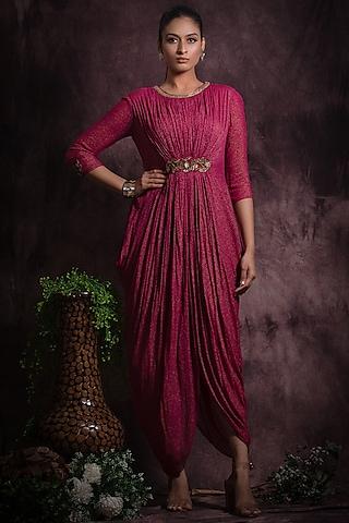 pink foil georgette embroidered cowl dress
