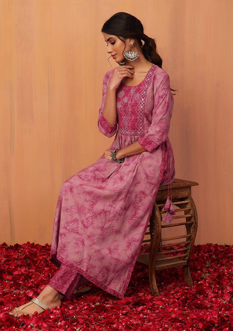 pink foil print cotton kurta and pants (set of 2)