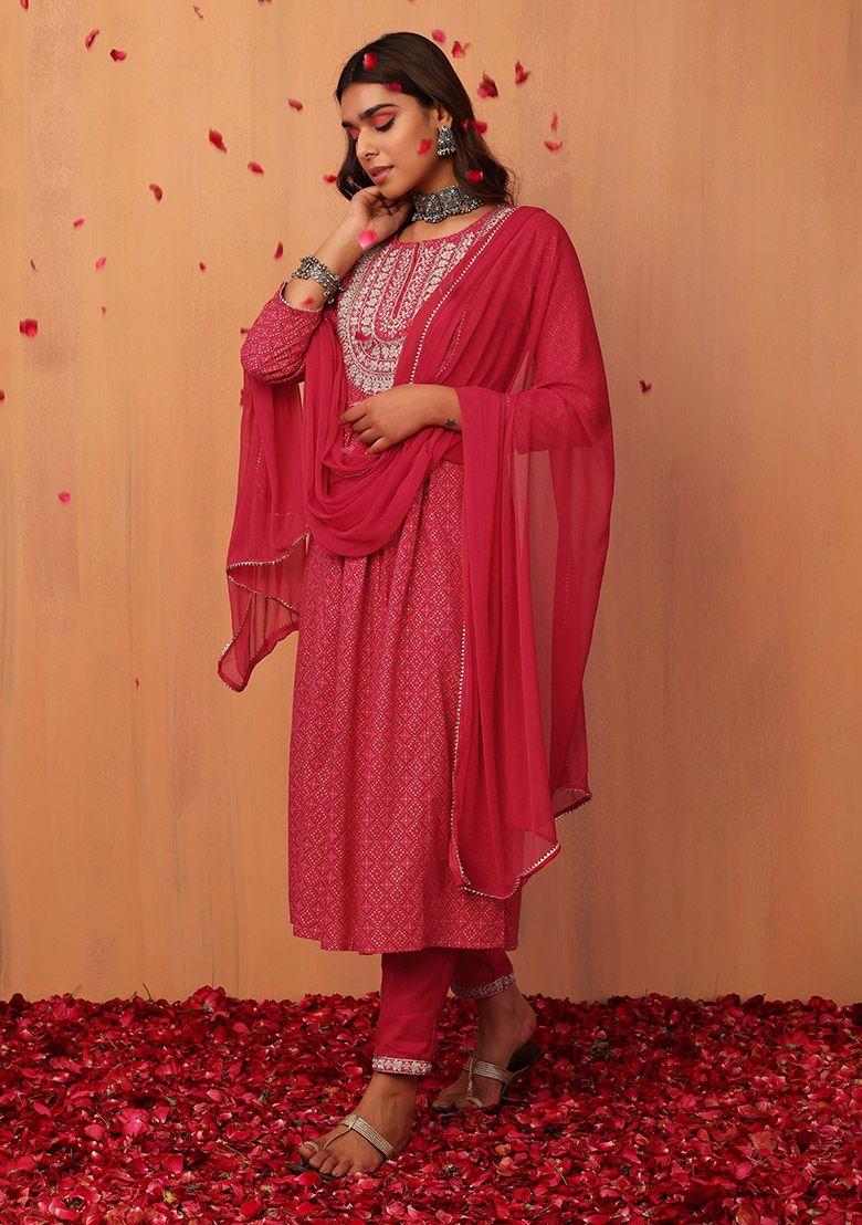 pink foil print rayon kurta with pants and dupatta (set of 3)