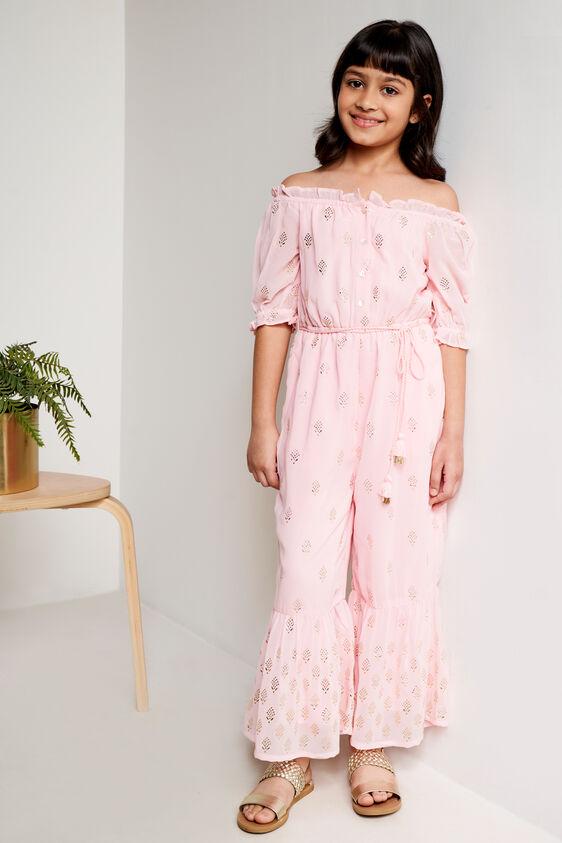 pink foil print tassel straight jumpsuit