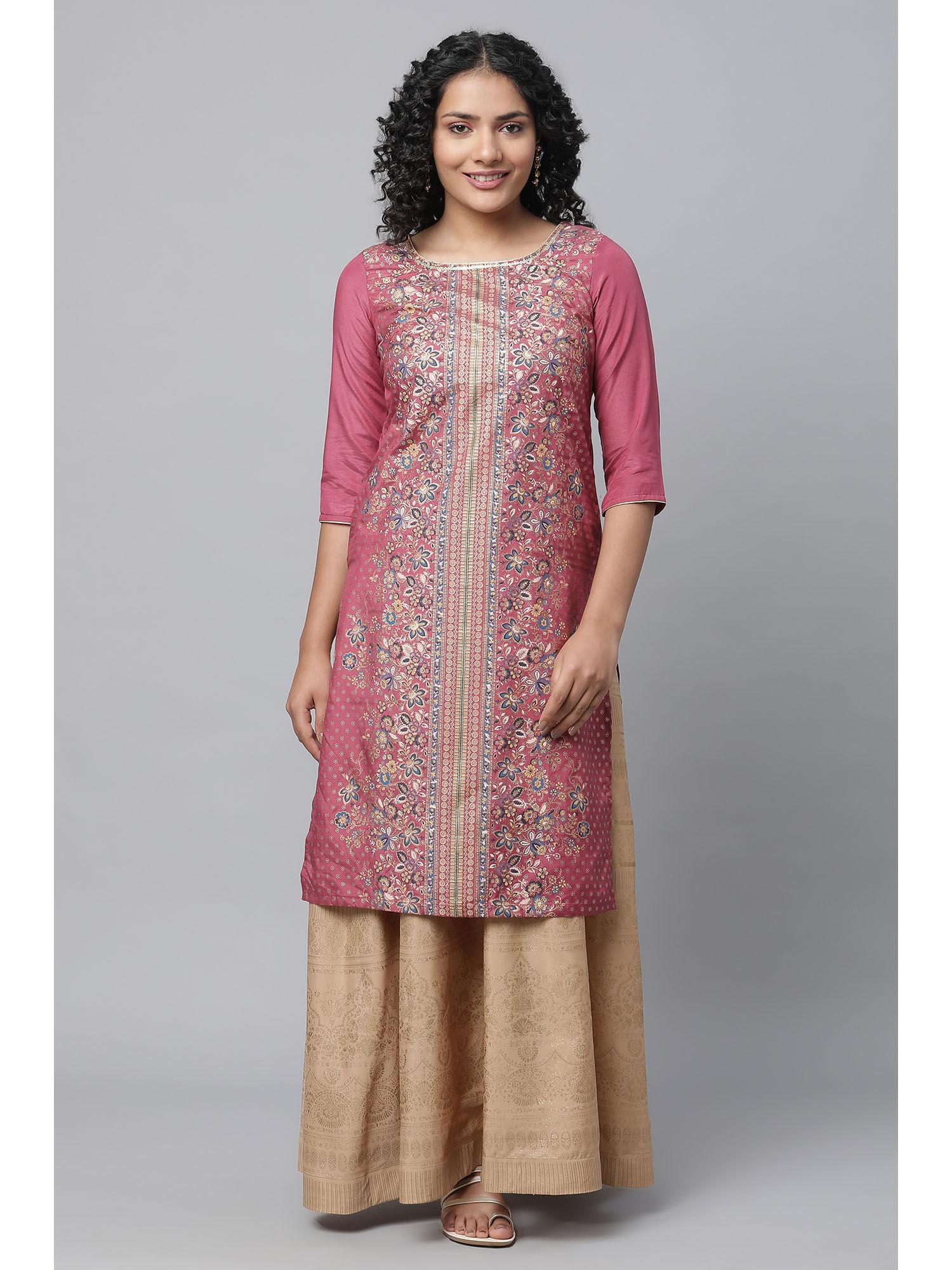 pink foil printed kurta with skirt (set of 2)