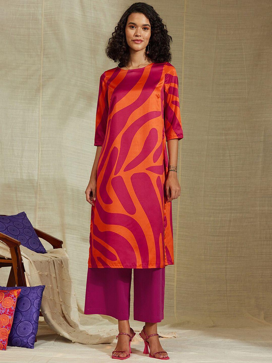 pink fort abstract printed regular satin kurta with palazzos