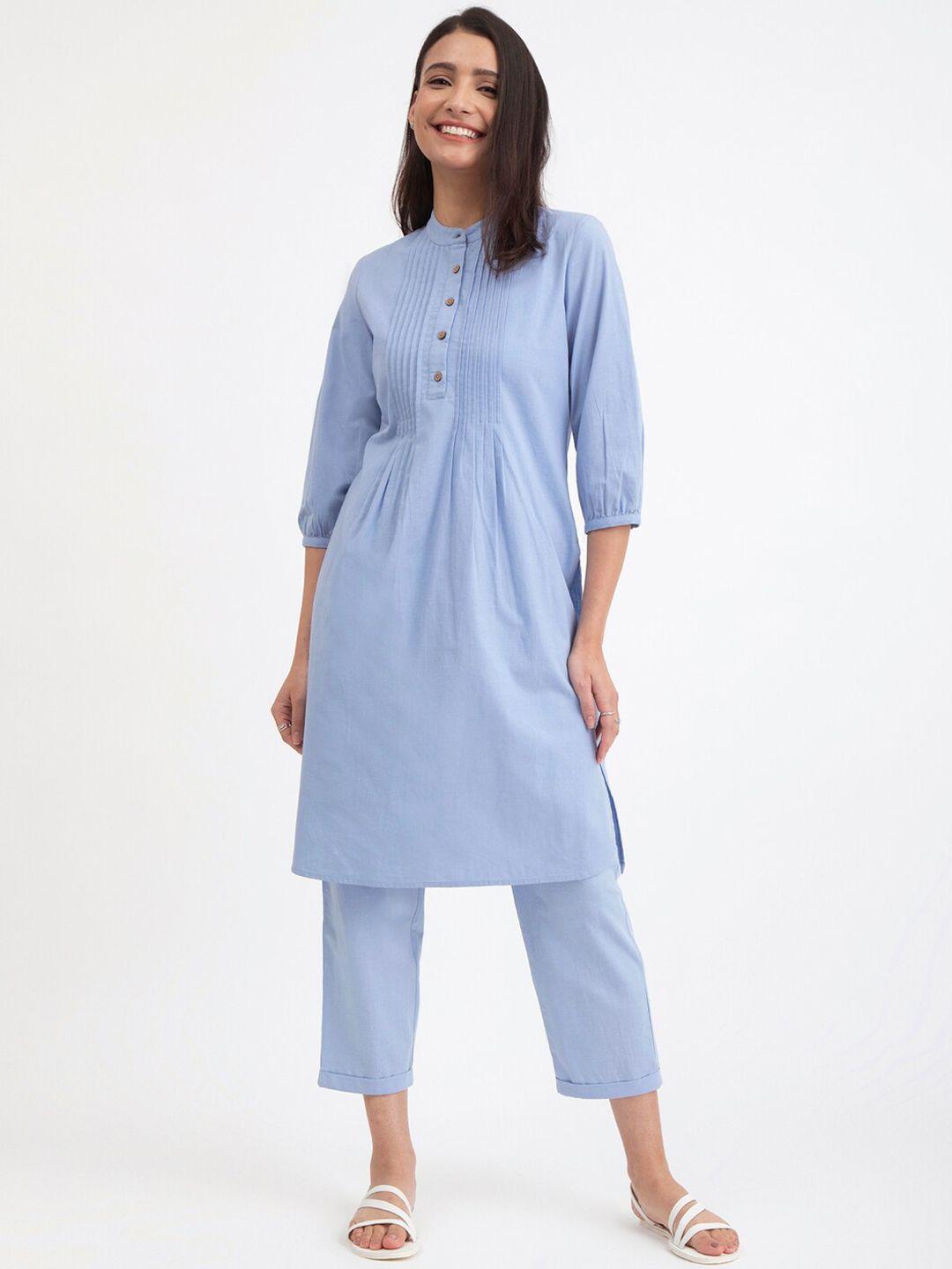 pink fort band collar pure cotton a-line kurta with trousers