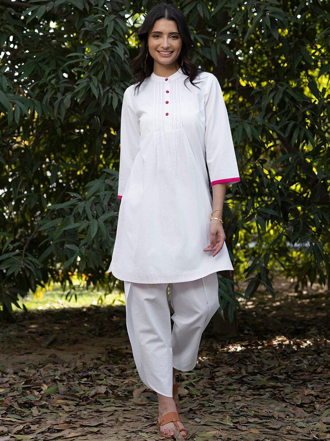 pink fort band collar pure cotton kurta with dhoti pants