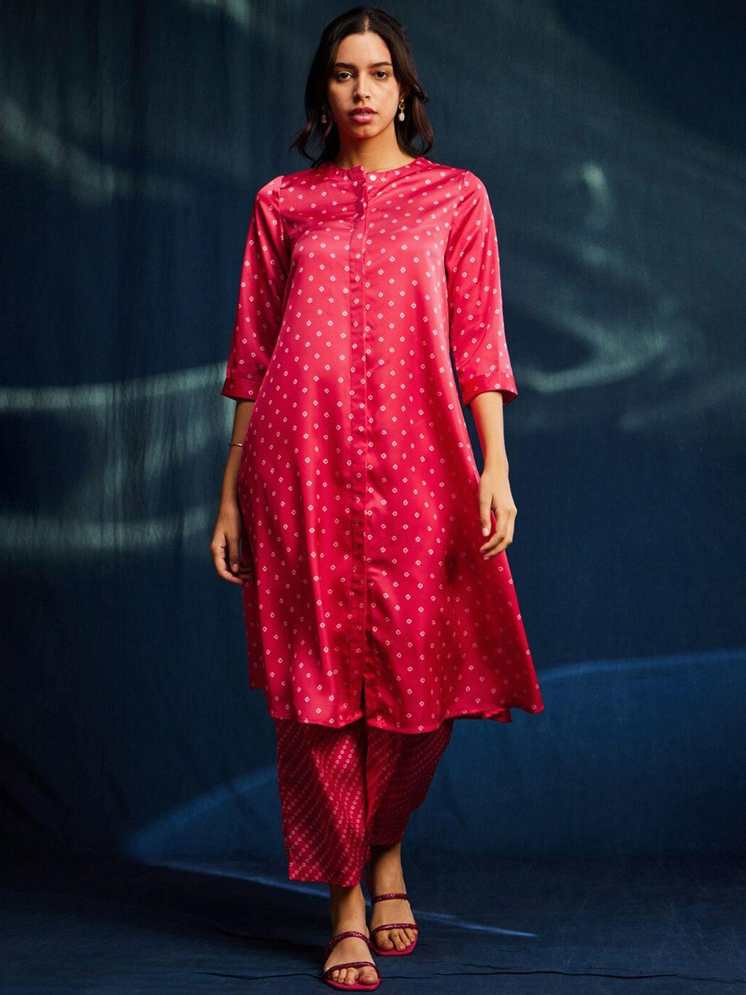 pink fort bandhani printed straight regular satin kurta with palazzos