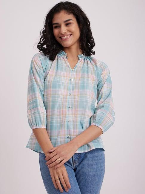 pink fort blue & pink cotton chequered top