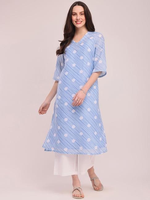 pink fort blue & white striped kurta palazzo set