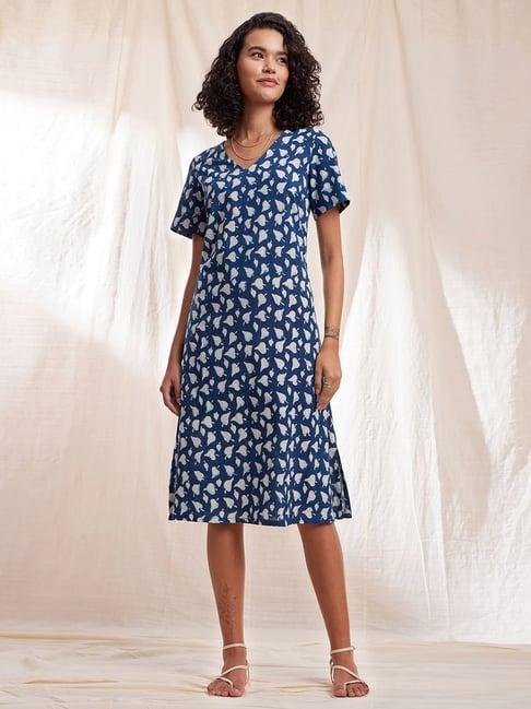 pink fort blue cotton floral print a-line dress