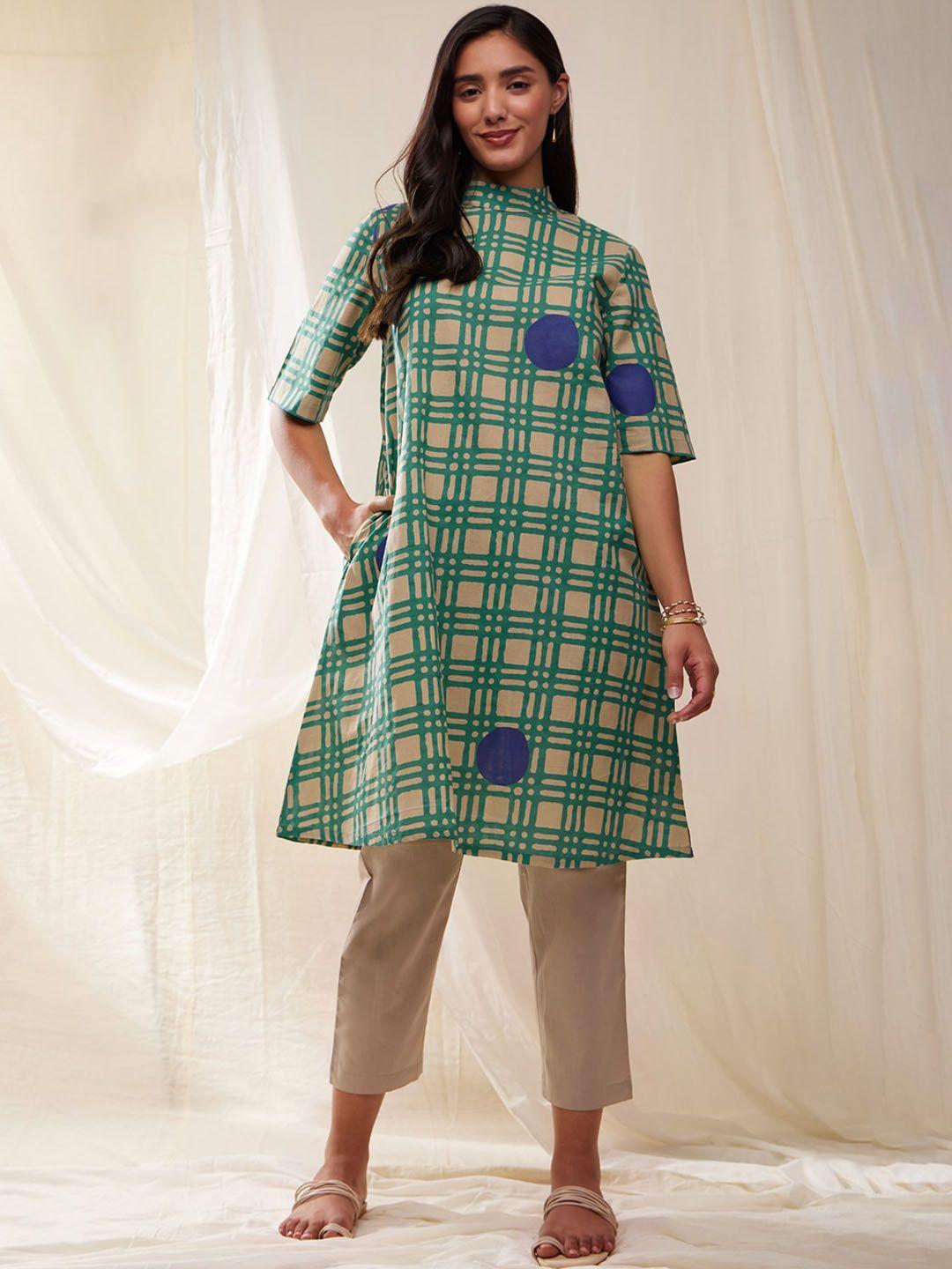 pink fort checked band collar pure cotton a-line kurta with trousers