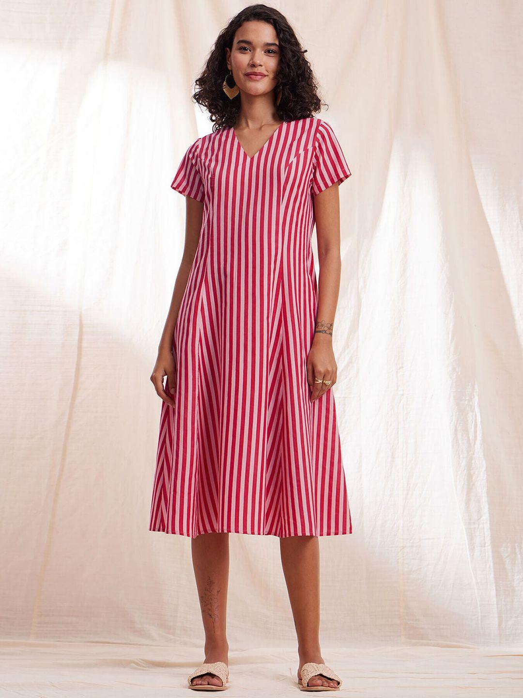 pink fort cotton striped a-lined ethnic dress