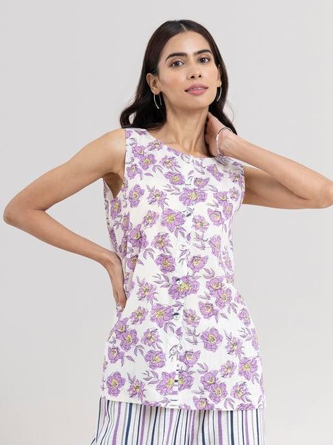 pink fort cream & purple cotton floral print top