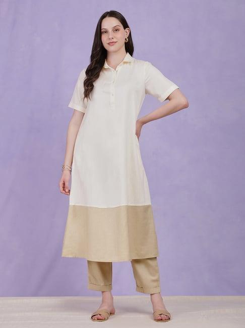 pink fort cream relaxed fit kurta with palazzos