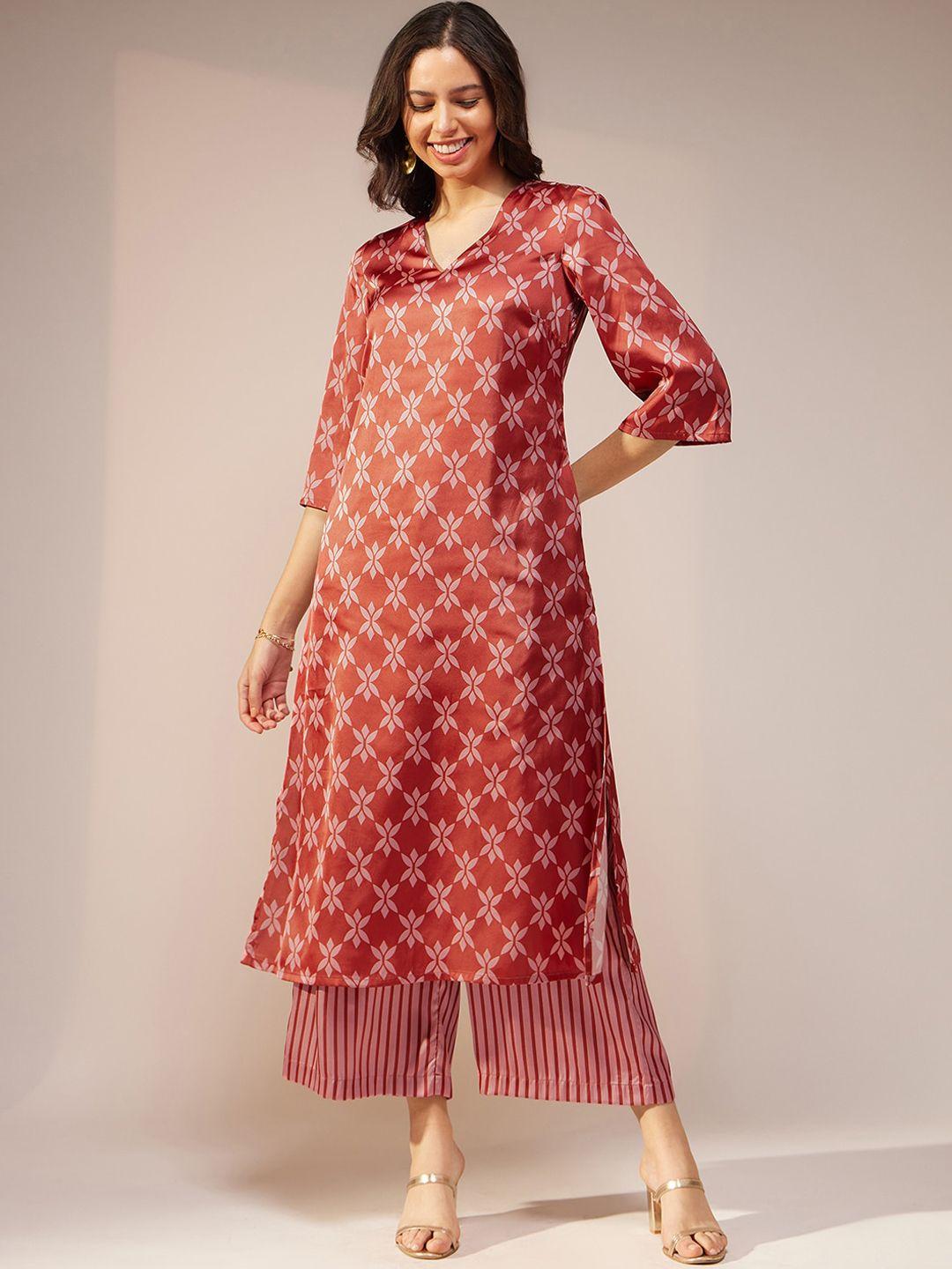 pink fort ethnic motifs printed kurta with palazzos