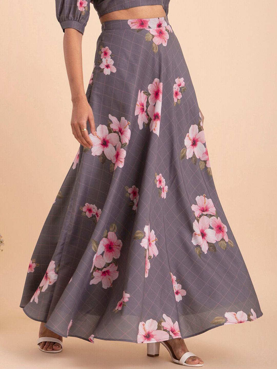 pink fort floral printed flared maxi skirt